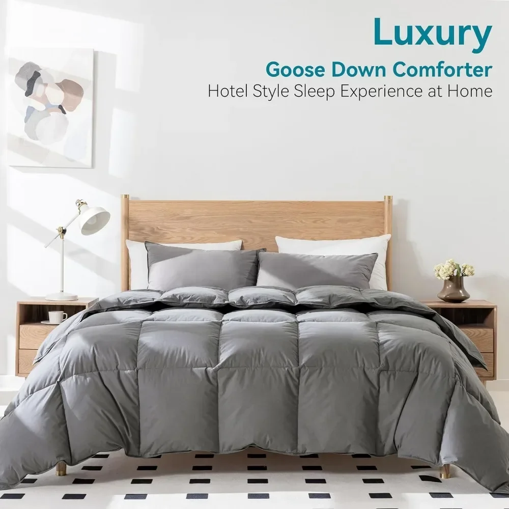 Goose Feather Down Comforter King Size,750+ Fill Power,1200TC,100% Organic Cotton Fabric,All Season Grey Duvet 8 Corner Tabs