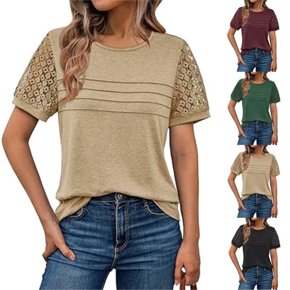 

Casual Women's T-shirts T Shirt Tees Short Sleeve Tops Blusas Simple Style Elegant Temperament Daily Lace Patchwork Solid Color