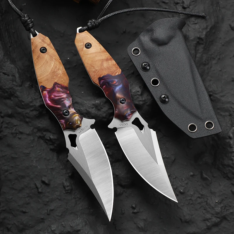 High-quality DC53 steel fixed-blade knife, a carry knife featuring a resin and maple wood handle and a K-style sheath. Ideal for outdoor hiking, fishing trips, camping, and exploration practical, purpose-built EDC fixed-blade knife.