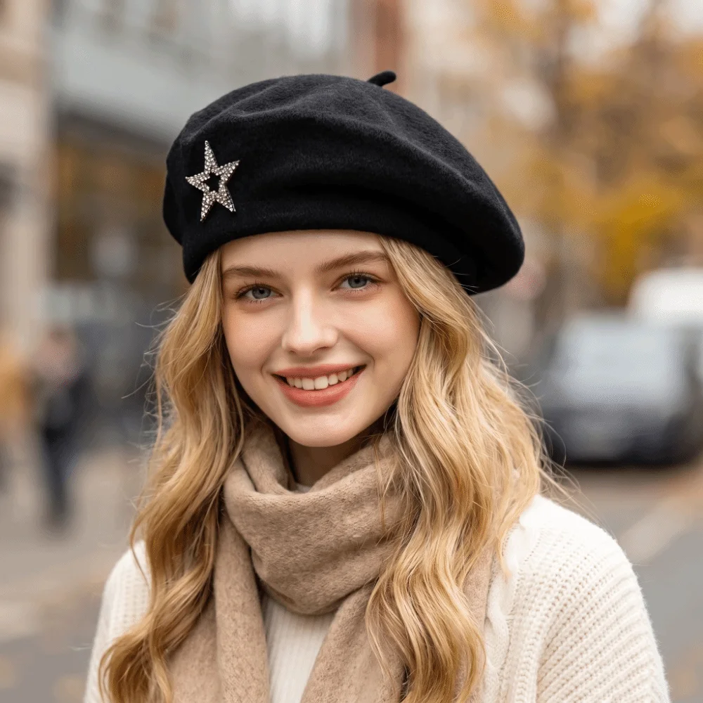 Fashion Five-Pointed Star Wool Beret Solid Color Soft Knitted Painter Hat Rhinestone Decor Warm Beanie Cap Autumn