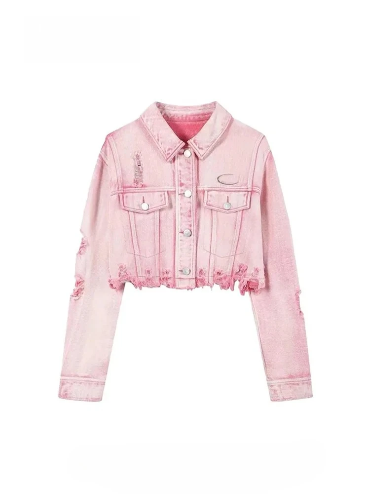 

Autumn New Pink Waed Hole Design Spicy Girl Short Denim Jacket Women Loose Casual Trendy Coat Collar Button Tops