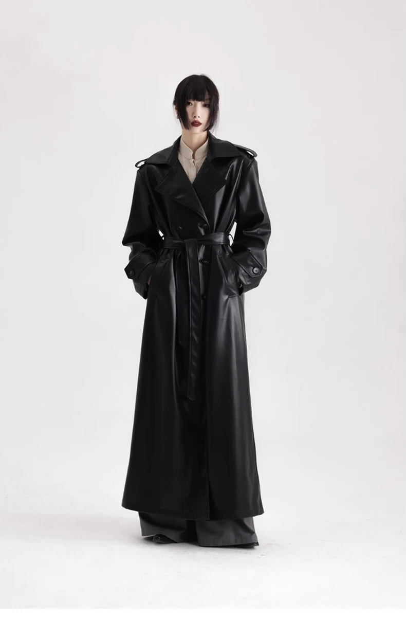 Lautaro Spring Autumn Extra Long Black Soft Pu Leather Trench Coat for Women Double Breasted Loose Casual Korean Fashion 2024
