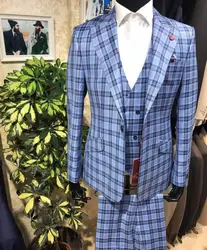 Blue Plaid Men Suit 3 Pieces Business Blazer Vest Pants One Button Fashion Wedding Groom Formal Work Wear Party Causal Tailored