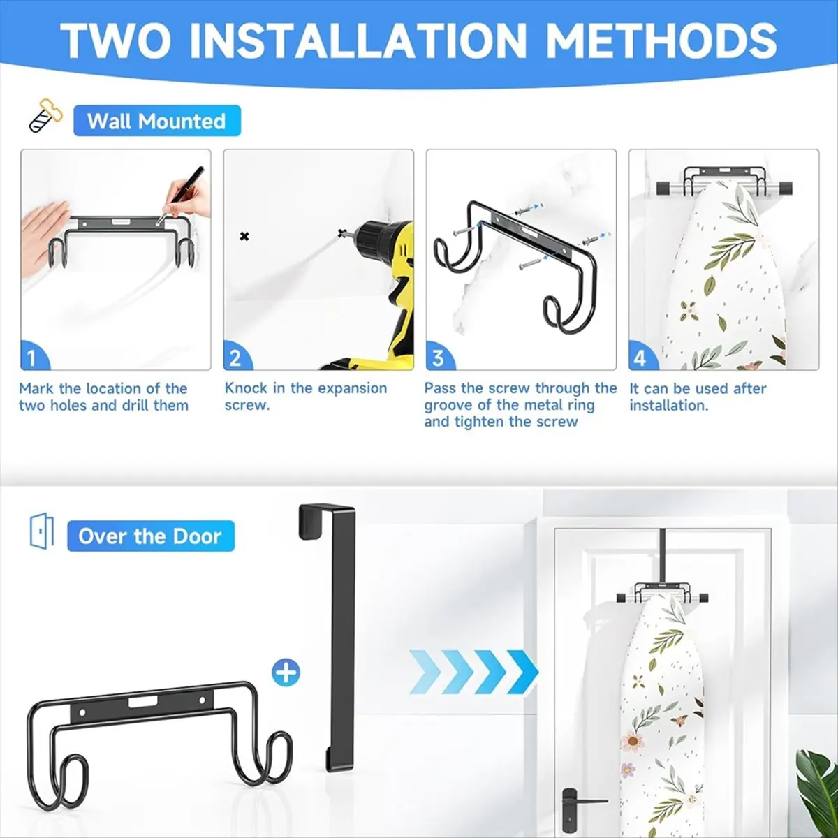 شماعة لوح الكي فوق الباب والتركيب على الحائط مع خطاف قابل للإزالة، حامل لوح الكي منظم رف الحائط #3