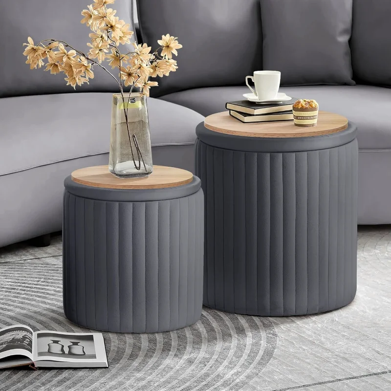 

Round Ottoman,Set of 2 Vanity Stool Chair,Boucle Upholstered Tall Ottomans Chair with Storage,Multifunctional Coffee Table