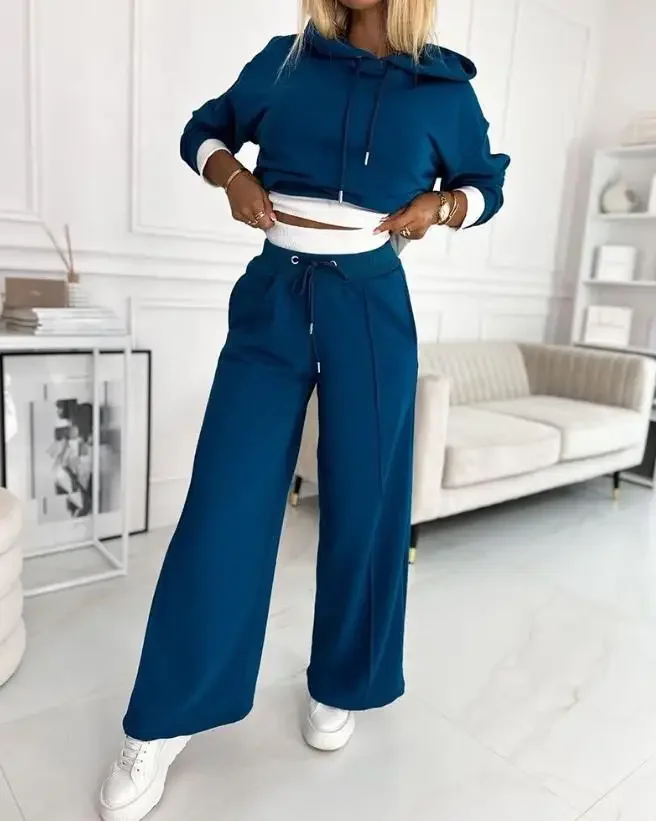 Two Piece Set Women Outfit 2023 Autumn Fashion Fake Two Piece Long Sleeve Hoodie & Casual Drawstring Pocket Wide Leg Pant Set