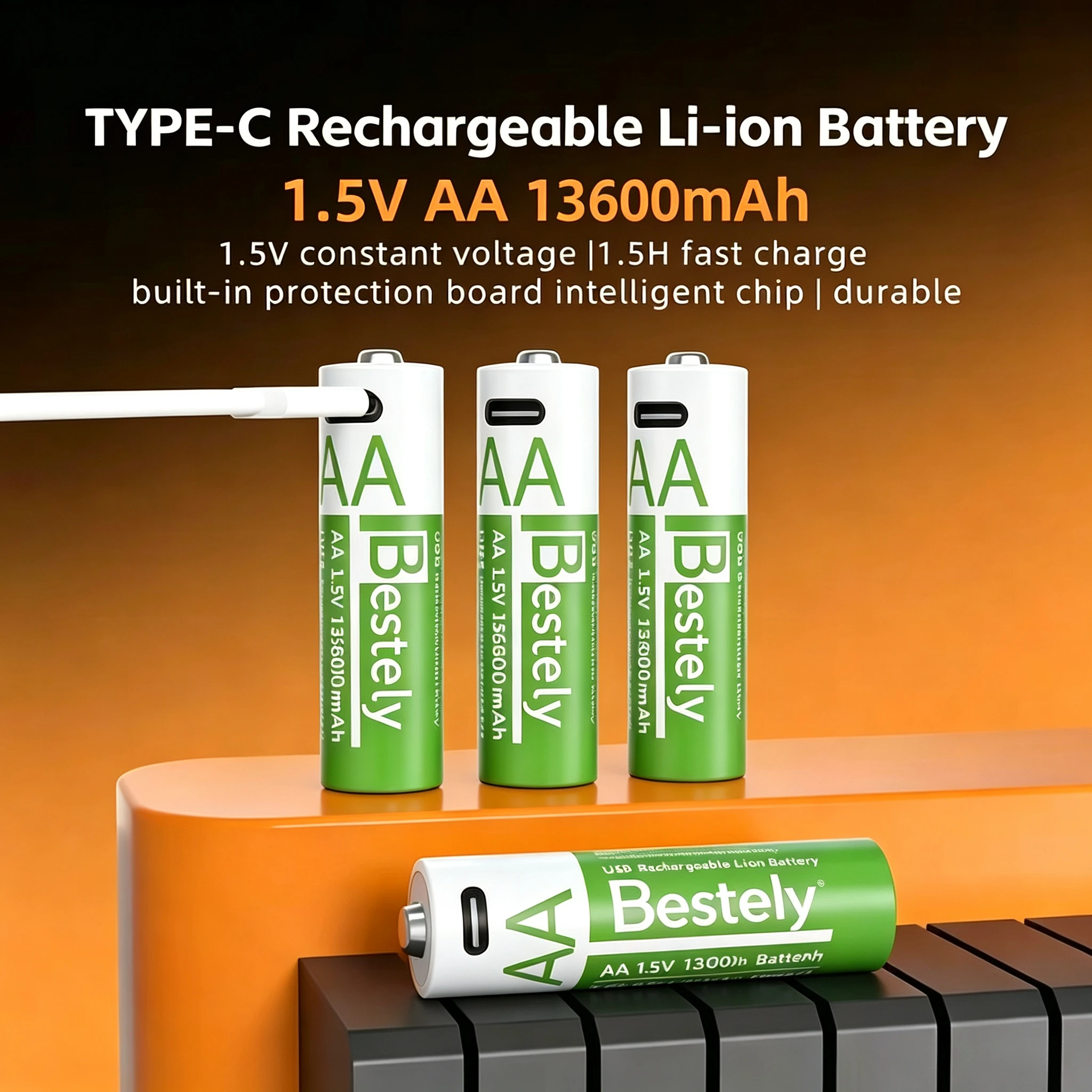 1.5V AA 13600mAh Rechargeable Li-ion Battery, USB-C Fast Charging, 2000 Cycles Long Lasting with Free Charging Cable