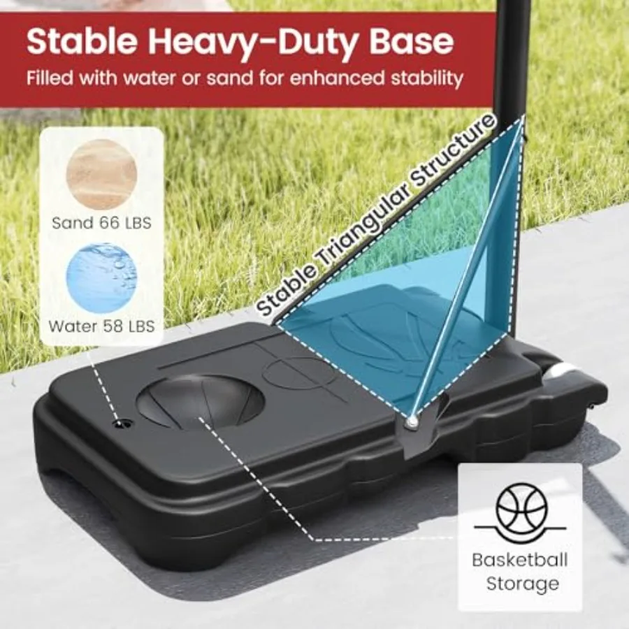ห่วงบาสเก็ตบอลแบบพกพาสำหรับใช้งานกลางแจ้ง พร้อมระบบปรับความสูงได้ตั้งแต่ 3.3 ถึง 7 ฟุต พร้อมแผ่นหลังกันกระแทกและล้อสำหรับ E
