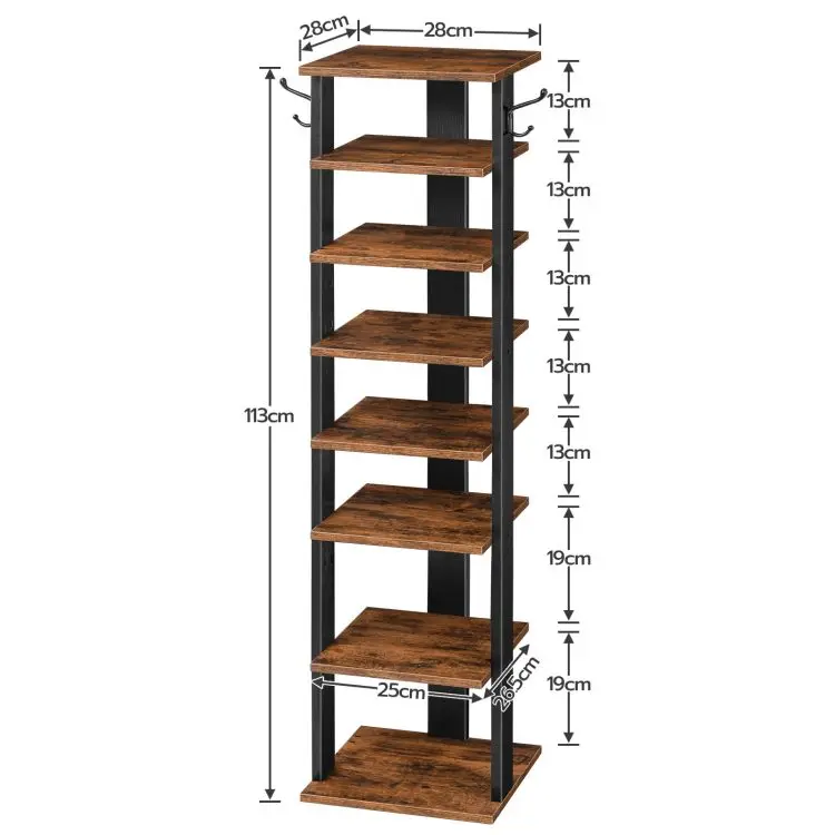 Dropshipping Vertical 8 Tier Shoe Storage Organizer Shelf 8 Layer Wood Shoes Stand Rack with 2 Hooks