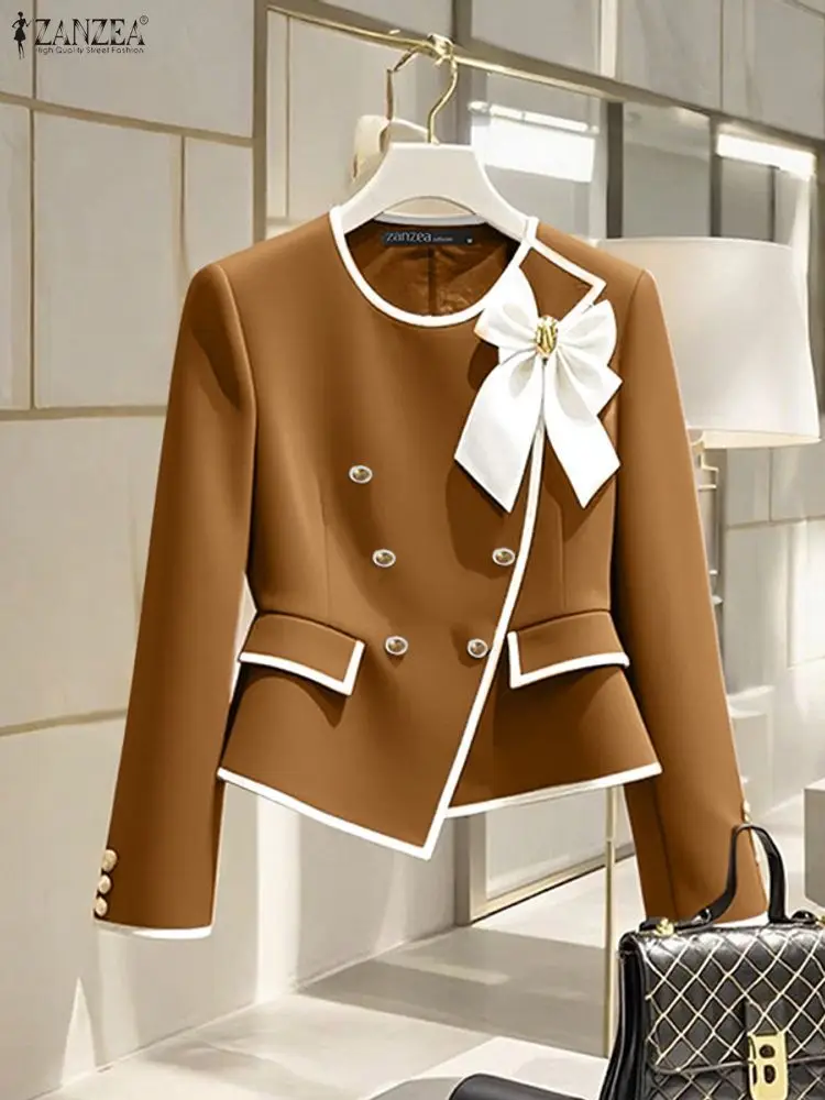 ZANZEA Elegante Blazer Herfst Double Breasted Lange Mouw Jassen Vrouwen Mode Boog Kantoor Bovenkleding 2025, Casual Straat Jassen