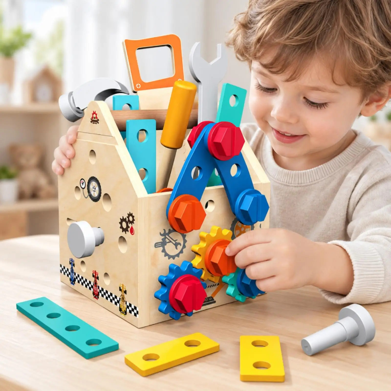 Wooden Pretend-Repair Tool Basket Hands-on Wooden Tool Kit Portable for Toddlers