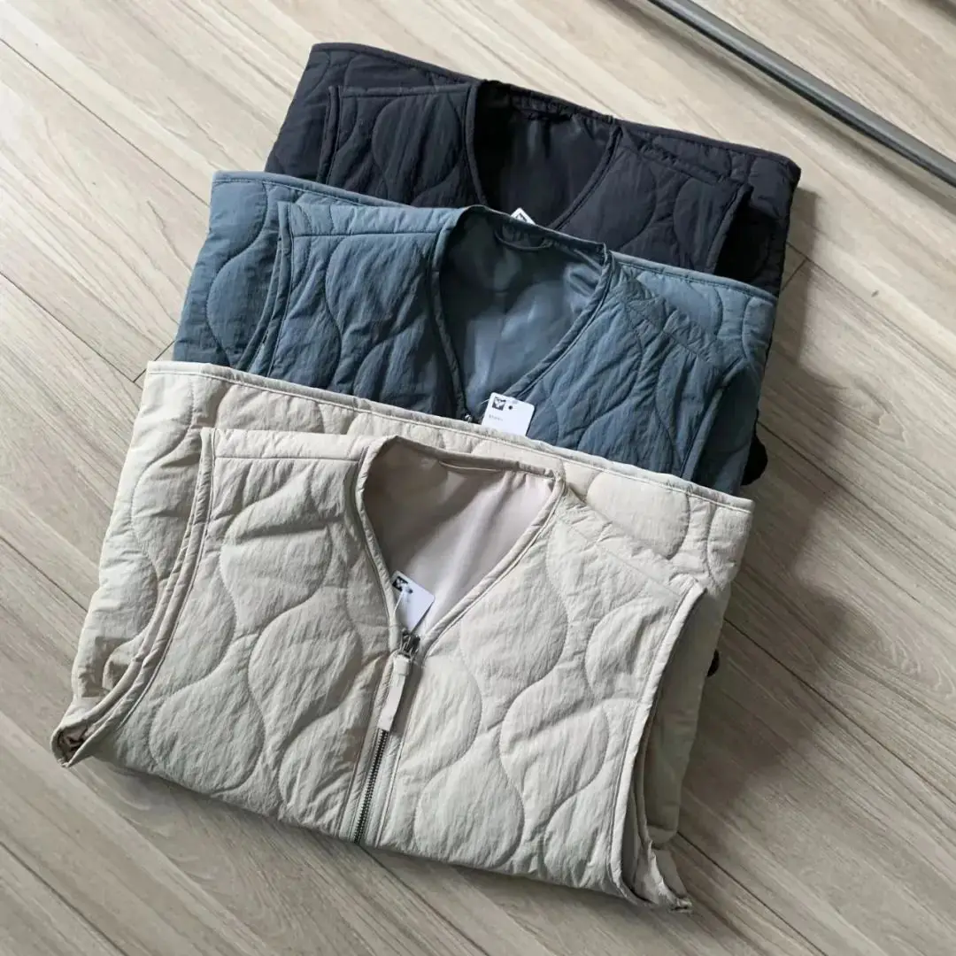 Lightweight Thin Cotton Windproof Waterproof Casual Sleeveless Vest Mountain Gourd Quilted Washed Cotton V-Neck Zipper Closure