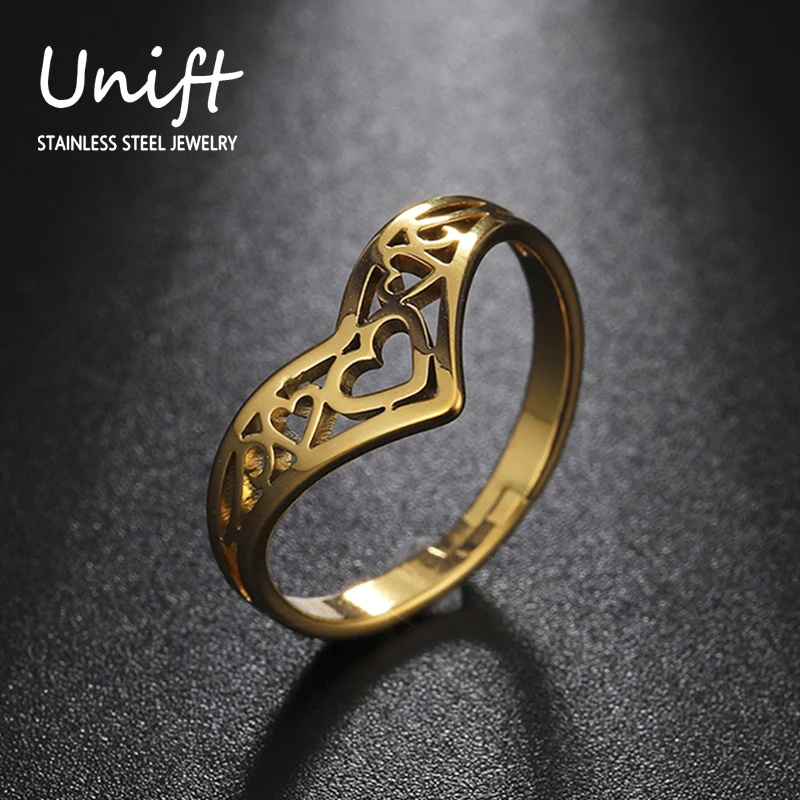 Unift Romantic Stainless Steel Heart Ladies Open Ring Unique V Port Design Eternal Love Finger Couple Rings Engagement Jewelry