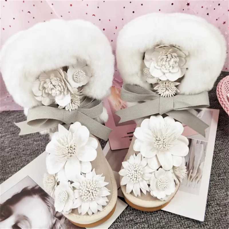 Manual rhinestone three-dimensional flower Rex rabbit snow boots heavy fur one casual women's thick lace-up cotton shoes 35-40