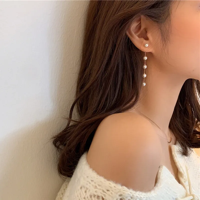 Trend Simulation Pearl Tassel Long Earrings For Women Rhinestone Wedding Korean Chain Drop Earrings Fashion Party Jewelry