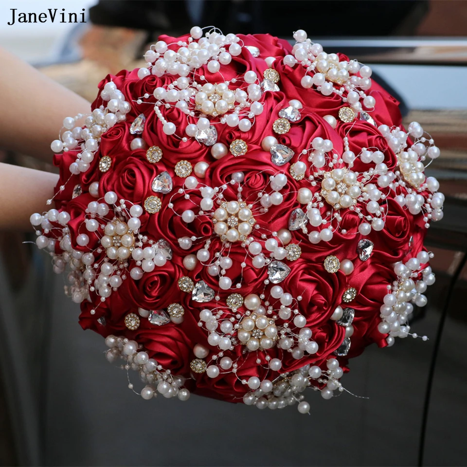 

JaneVini New Luxury Crystal Pearls Burgundy Bridal Bouquets Artificial Satin Roses Bride Holding Flowers for Wedding Accessories