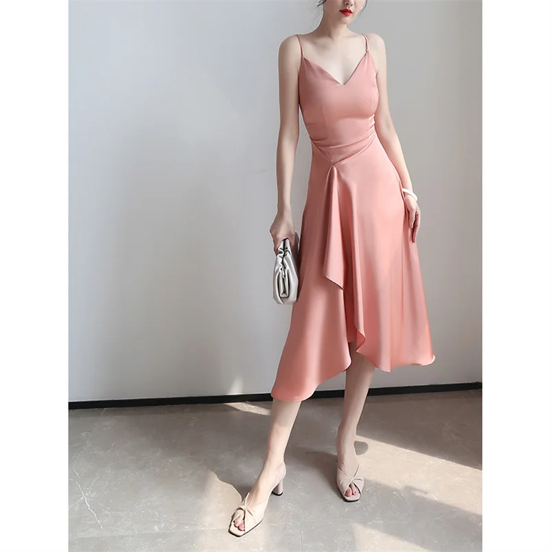 Sukienka damska długa, satynowa, bez rękawów, asymetryczna, w kształcie litery A, na ramiączkach, wysokiej jakości, w jednolitym kolorze, idealna na imprezę, vestidos robe femme.