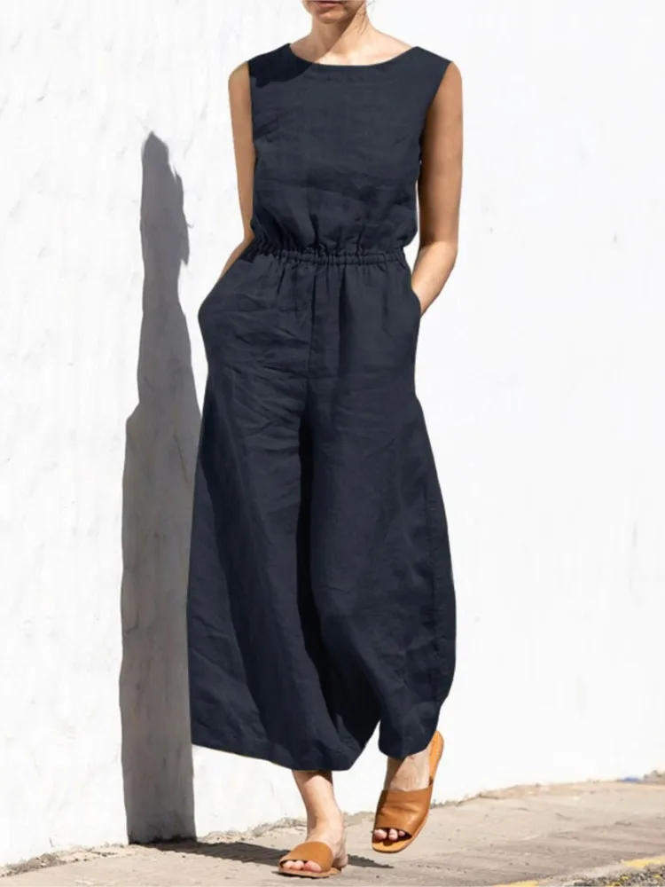 Fashion Buttoned Women Wide Leg Pant Jumpsuit Summer Solid Round Neck Sleeveless Pocket Playsuit Ladies Loose One-Piece Pants