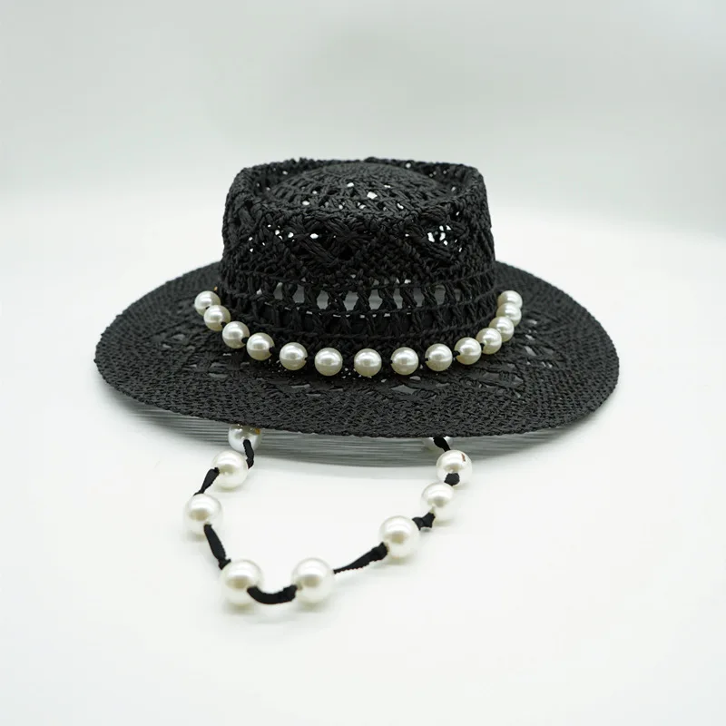 Fashion Vintage Black Hollow Out Wide Brim Hand Woven Straw Hats For Women With Pearl Decoration Summer Vacation Beach Sun Hat