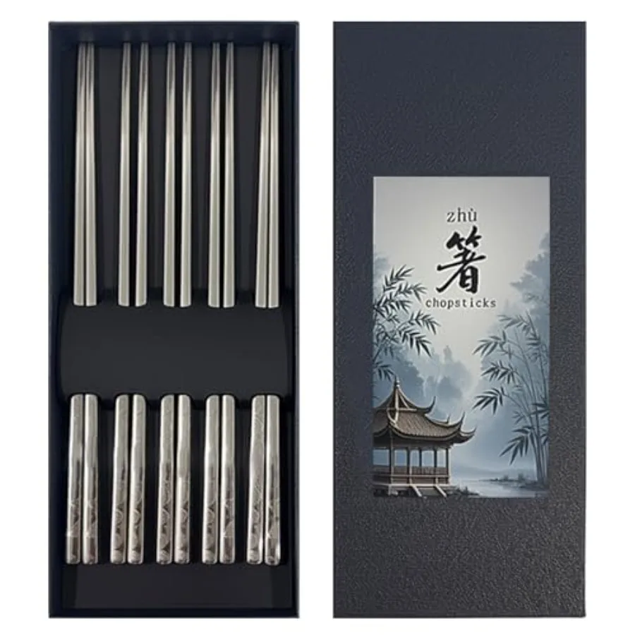 

5 пар металлических палочек для еды из нержавеющей стали 316, 9,5 дюйма, нескользящие насадки, набор палочек для еды с зеркальной полировкой и лазерной гравировкой дракона