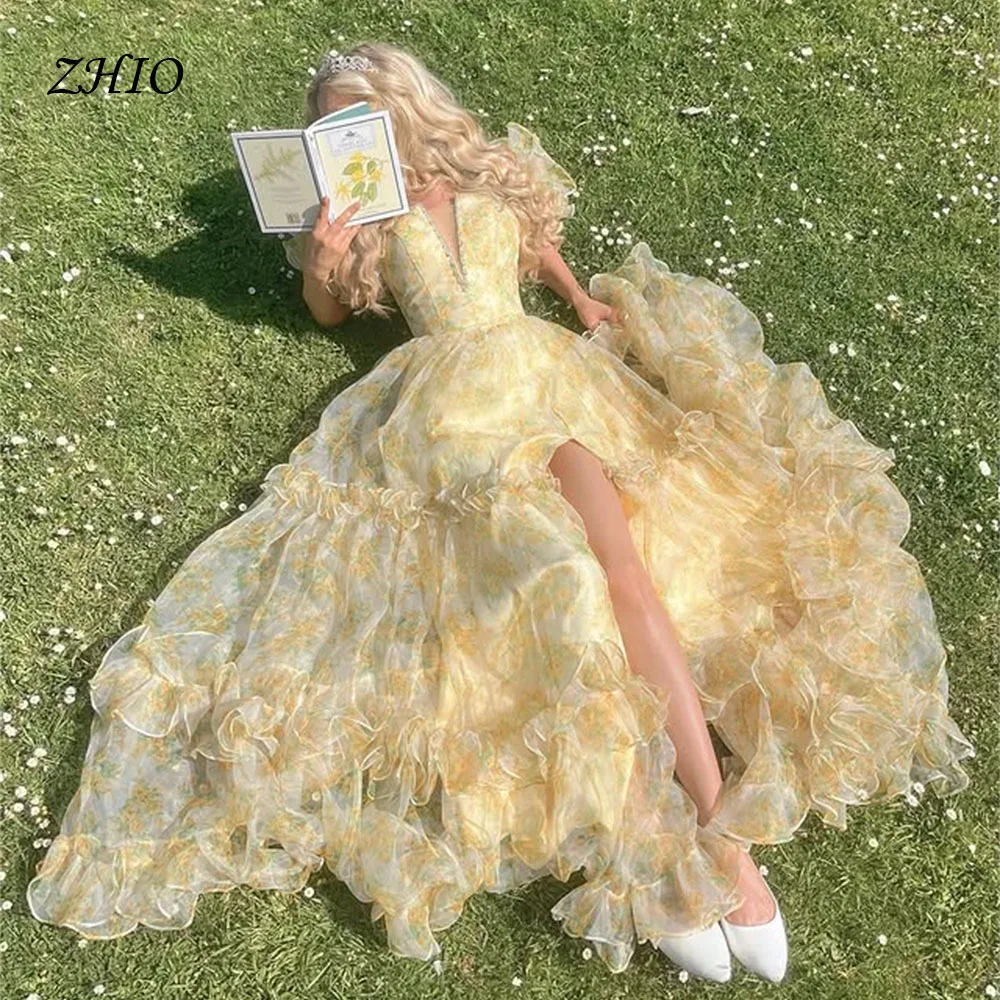 ZHIO الجنية الأصفر طباعة فساتين لحضور الحفلات الموسيقية ألف خط الأورجانزا الأميرة فستان حفلة موسيقية رسمية مطرز المناسبات فساتين الحفلات Vestidos De Noche
