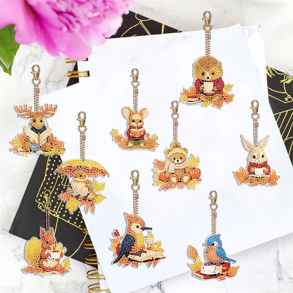 9PCS Full Drill Keyring Diamond Painting Keychain Deer Double Sided Squirrel Special Shape Bear for Birthday Home Party Decor