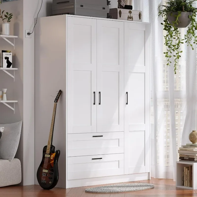 3 Doors Wooden Wardrobe Closet Armoire, White Storage Cabinet for Hanging Clothes