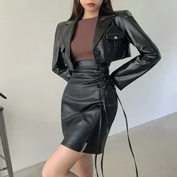 Black Slit High Waist Bag Hip Leather Skirt Female Autumn and Winter Strappy A-line Sexy Skirt Short Hippie Skirts Korean