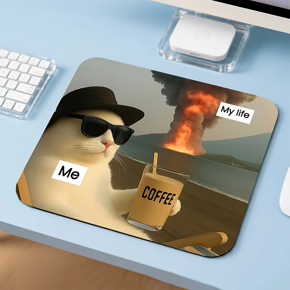 Funny "Me vs My Life" Cat Meme Mouse Pad, Non-Slip Desk Mat, Cool Cat with Coffee & Explosion, Water-Resistant Keyboard Pad