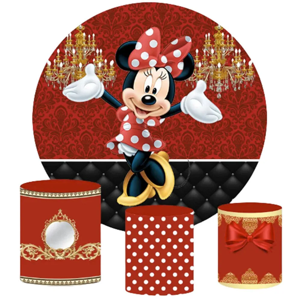 Minnie Mouse Elastic Round Backdrop 3 Cylinder Cover 4 Piece Background For Photography Baby Shower Birthday Party Bnner Props