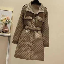 Parkas Women Mid Length Coats Stand Collar Single Breasted Full Sleeve Lace Up Tight Waist Slim Fit Coat Splice Autumn Winter