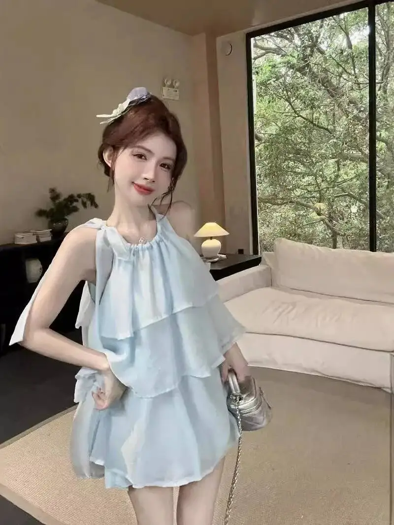 Pure Desire Hanging Neck Design Sense Multi Layered Cake Fashion Dress Elegant Summer Blue Mini Dress Sweet Korean 69LC