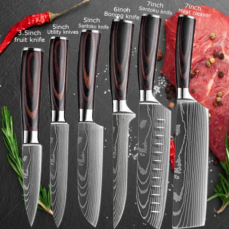 Damascus Chef's Knife Kitchen Knives Set Professional Boning Knife Meat Cleaver Utility Knife Japanese Santoku Knife with Cover