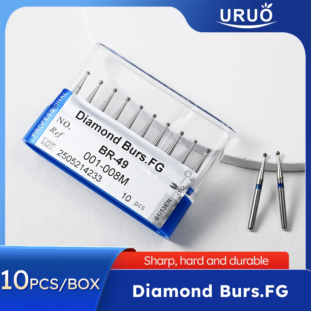 10pcs/box Dental Diamond Burs BR-49 Ball Round Shape 001-008M 1.6mm FG High Speed Shank Grinding Tools for Dentistry Clinic