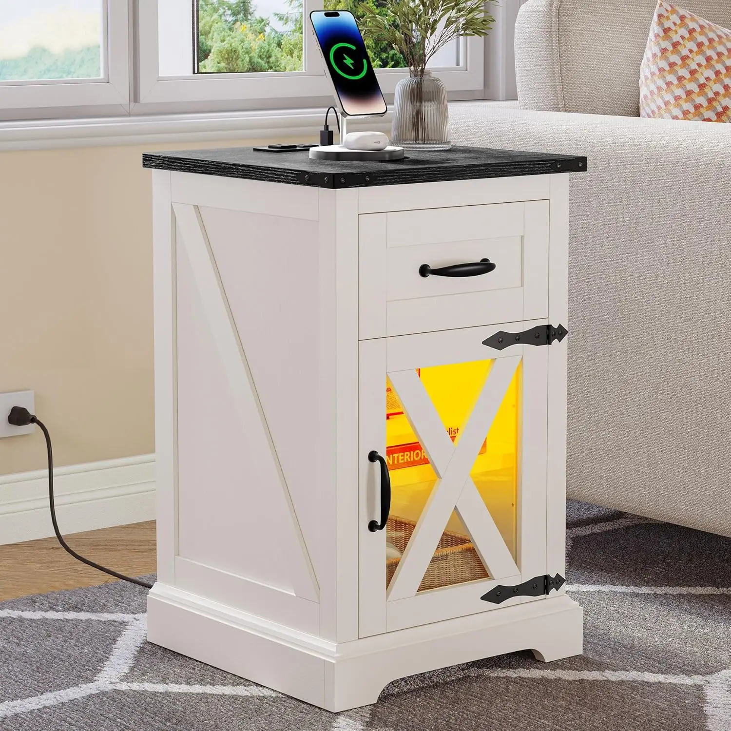 

Yitahome Nightstand With Charging Station, Farmhouse End Table Bedside Table With Led Lights, Barn Door And Adjustable Storage