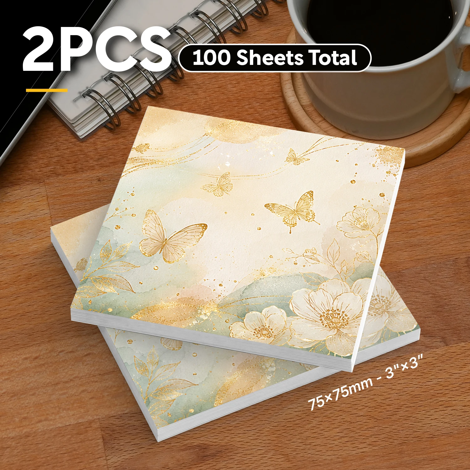 2pcs Elegant Butterfly Floral Sticky Notes, 100 Sheets Total, 3x3 Inch Self Stick Memo Pads, Cute Square Sticky Note Pads