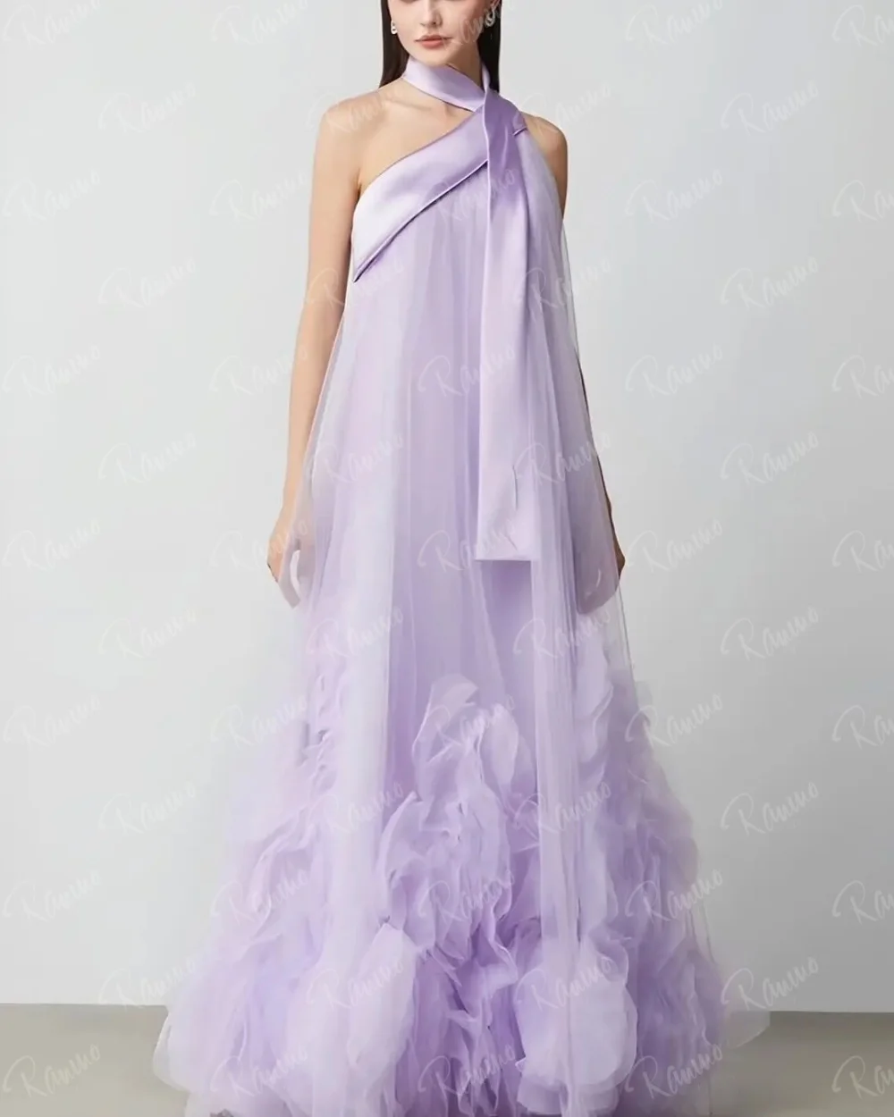 

Ranmo Modern Light Purple Tulle Evening Dress Classic Halter Sleeveles Homecoming Dress Luxury Sweep Train Vestido De Festa 2025