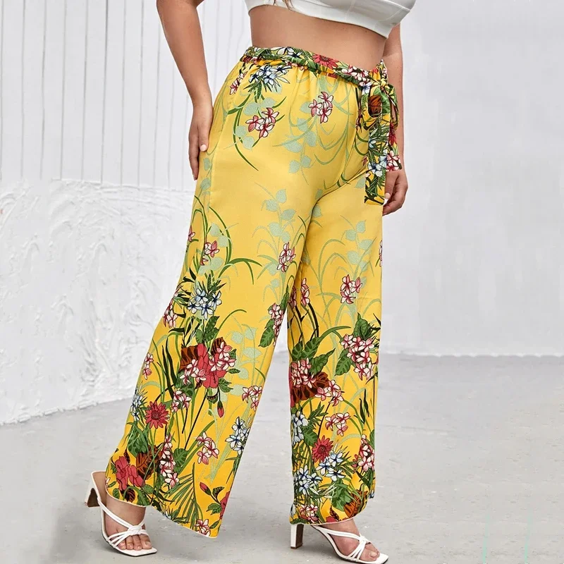 Plus Size Floral Print Summer Elegant Wide Leg Pants Elastic Waist Sashes Casual Yellow Boho Pants Trousers Large Size 6XL 7XL