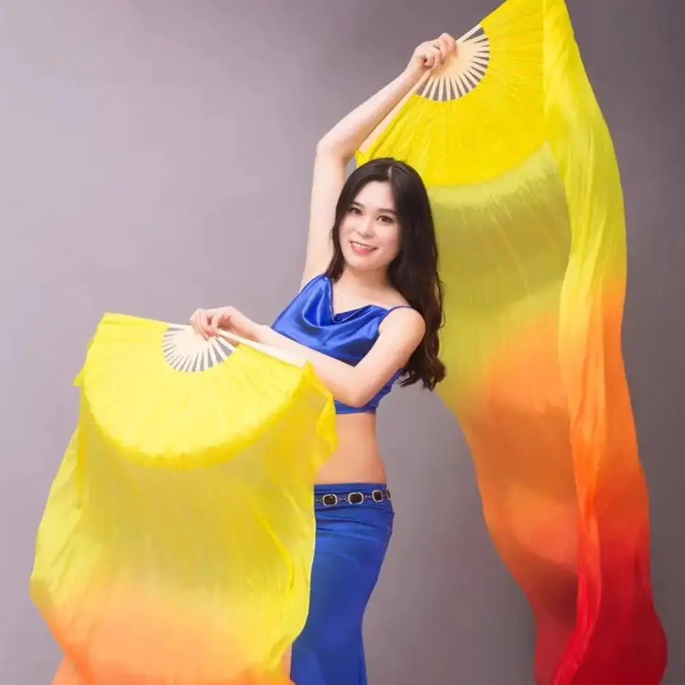 150cm Women Belly Dancing Fan Gradient Color Dancer Practice Long Imitation Silk Fans Dance Props 1PC