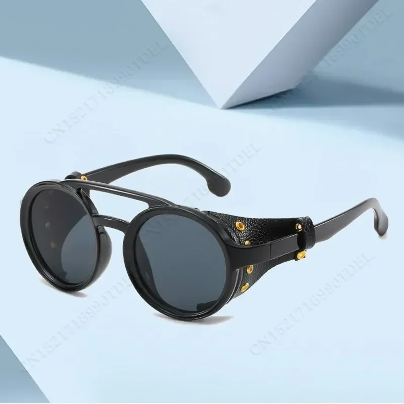 Sunglasses Windproof Mountaineering Steampunk Round Eyewear For Men With Leather Side Gogglesuv400 Cycling Riding Glasses