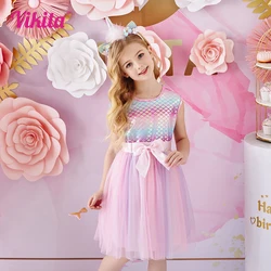 VIKITA Girls Mermaid Dress Toddlers Tutu Dress with Bow Knot Birthday Party Vestido Infantil Kids Princess Summer Dresses 3-8 Y