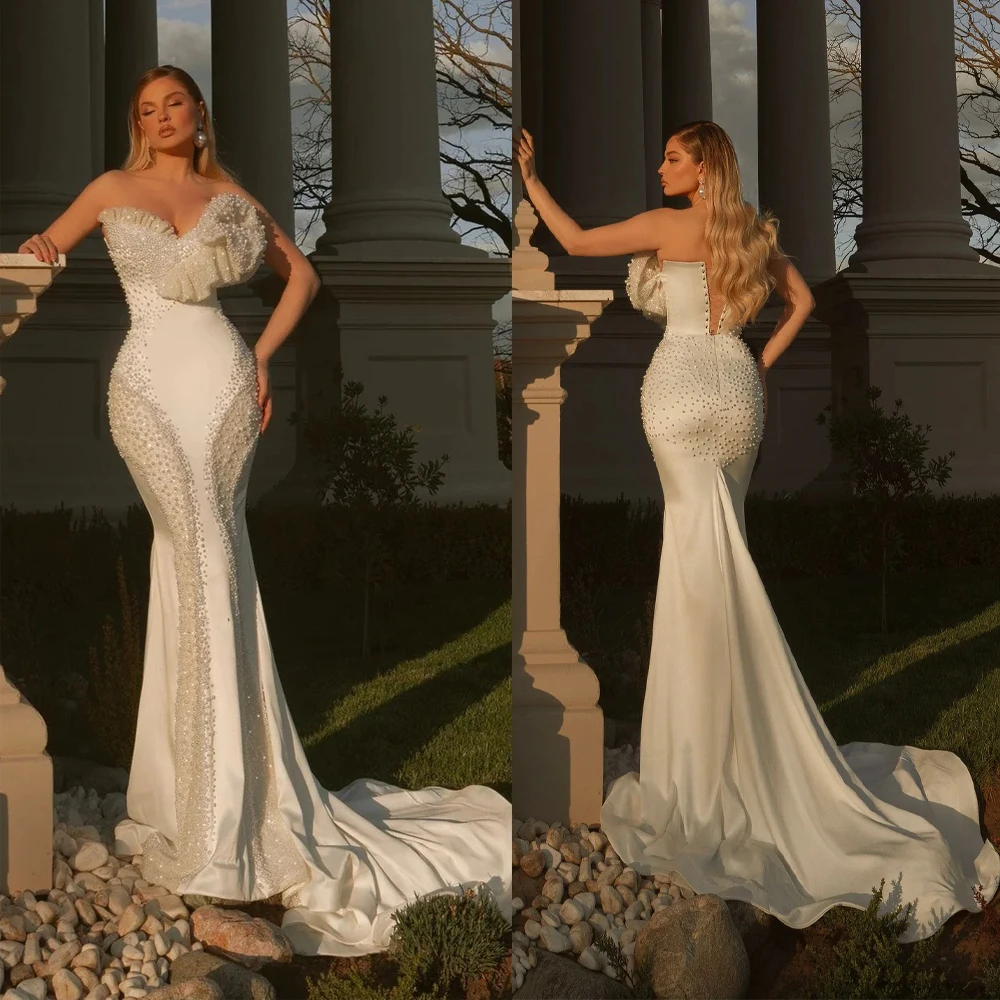 Design Mermaid Wedding Dress Pearls Sequins Strapless Bride Gowns Unique Lace Up Sweep Train Bridal Dresses Customized
