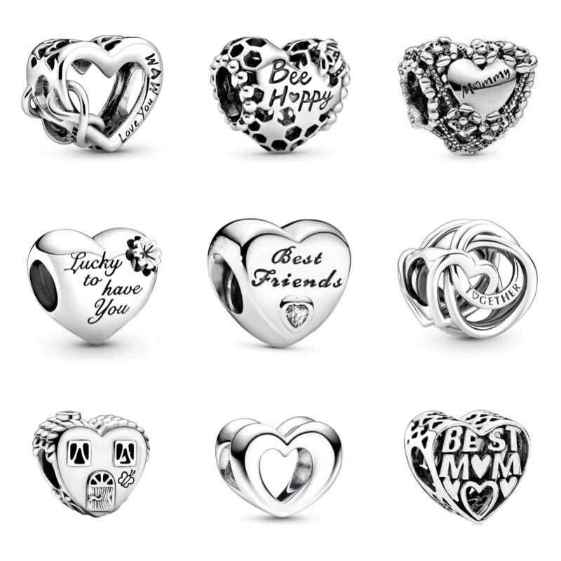 Contas de Prata Cor Charm para Mulheres, Pai, Mãe, Amante, Amigo, Colar Pandora, Pulseira, Chaveiro, DIY, Jóias Finas, Originais, Meninas