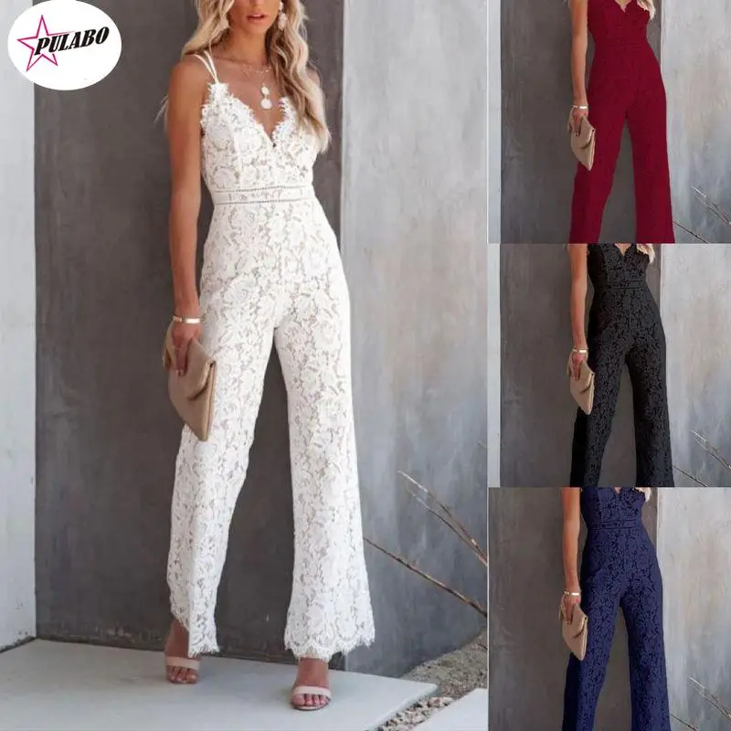 PULABO Elegant Formal Sheer Black Lace Jumpsuit Women Overalls Sexy Mesh Patchwork Romper Loose Trousers Female Wide Leg ins