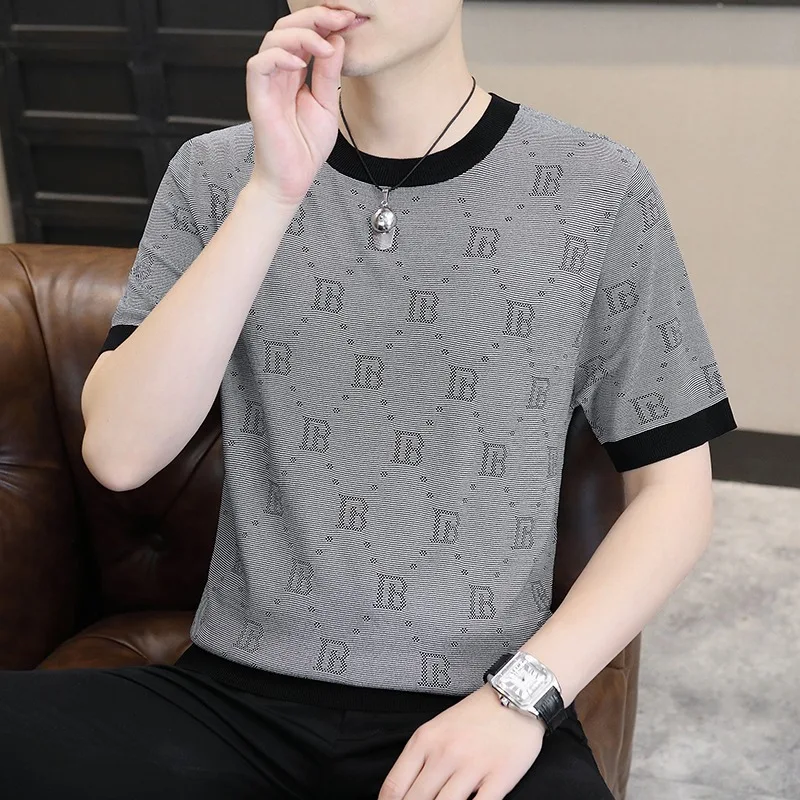 

Luxury Letter Jacquard Knitted Short Sleeve T-shirt for Men's Retro Casual Loose Round Neck 2024 Summer Social Party Streetwear