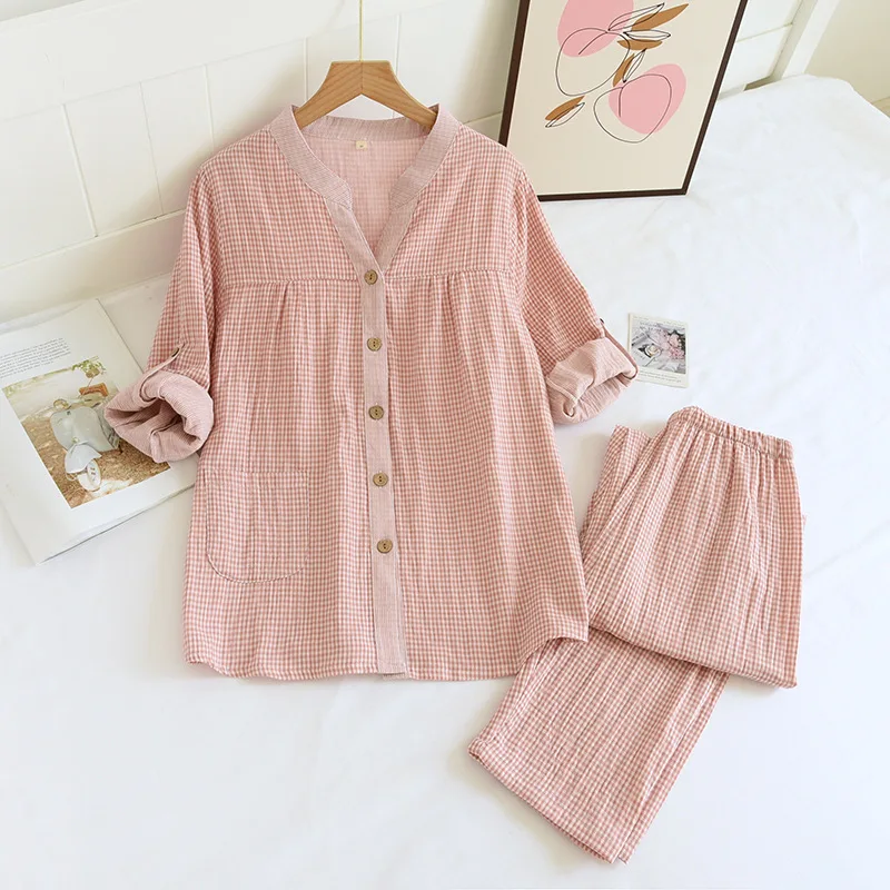 New spring and autumn ladies pajamas set 100%cotton gauze four seasons long-sleeved trousers two-piece simple plaid home service