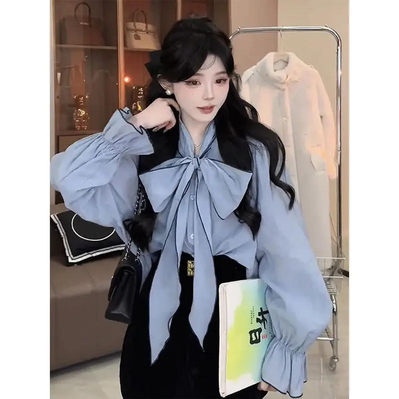 Fashion Chiffon Commute Stand Collar Lacing Bow Blouse Basic Solid Color Spring Autumn New Flare Sleeve Woman Elegant Blouses