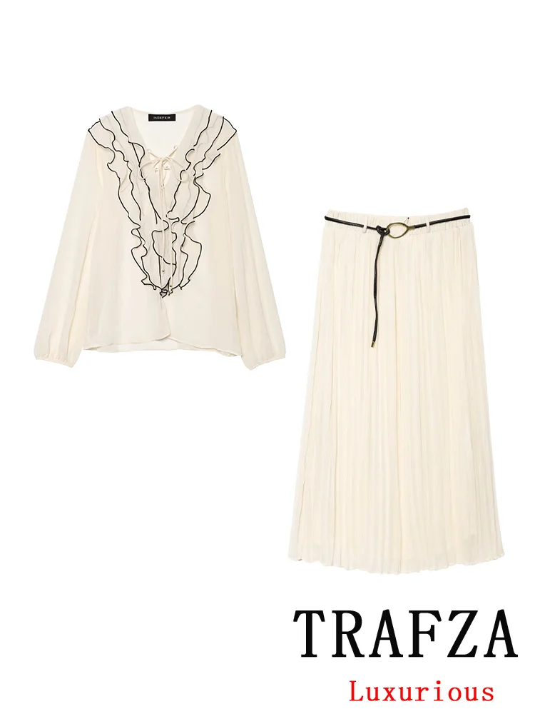 

TRAFZA Vintage Casual Chic Women Suit V-Neck Ruffle Full Sleeve Shirt Sashes Long Straight Skirt Fashion 2025 Spring Summer Sets