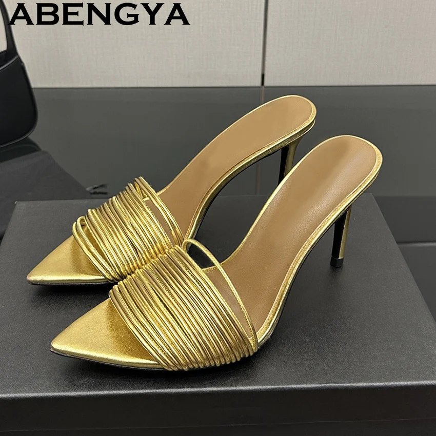 

Sexy Pointed Peep Toe Stiletto Slippers Women's Narrow-band Super High Heel 2025 Fashion Party Ladies Summer Gladiator Shoes