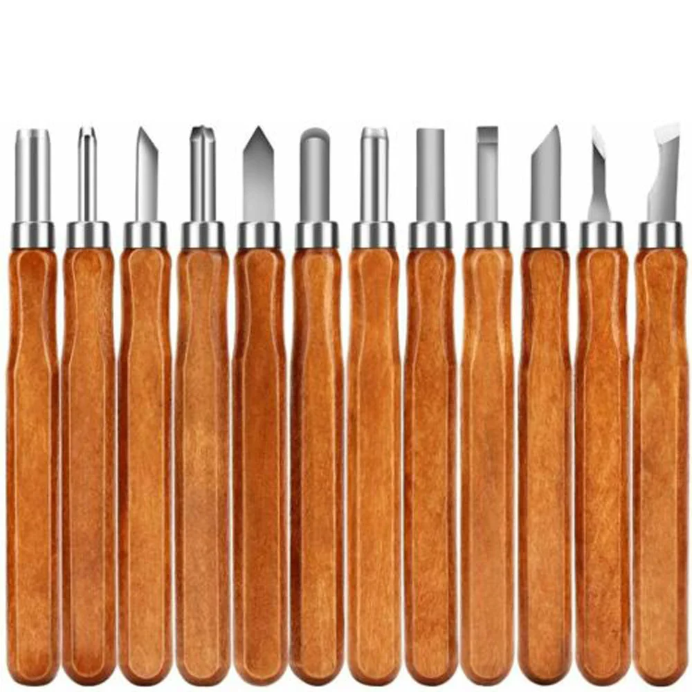 12pcs Wood Carving Chisel Knife Tools Set DIY Woodcut Knife Sculpture Set Woodworking Pottery Ceramic Clay Arts Crafts Cutter